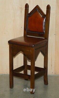 Four Fine Restored Brown Leather Gothic Revival Steeple Back Kitchen Bar Stools