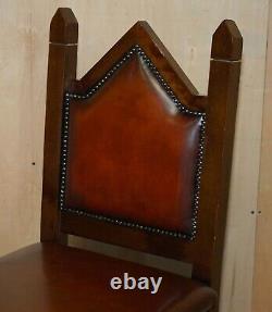 Four Fine Restored Brown Leather Gothic Revival Steeple Back Kitchen Bar Stools