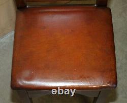 Four Fine Restored Brown Leather Gothic Revival Steeple Back Kitchen Bar Stools