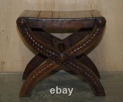 Four Vintage English Oak Jacobean Style Hand Carved Stools Part Of A Large Suite