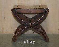 Four Vintage English Oak Jacobean Style Hand Carved Stools Part Of A Large Suite