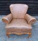 French Louis Xv Style Brown Leather Armchair Carved Oak Frame! (b060)