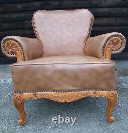 French Louis XV Style Brown Leather Armchair Carved Oak Frame! (B060)