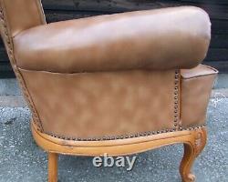 French Louis XV Style Brown Leather Armchair Carved Oak Frame! (B060)