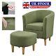 Green Padded Fabric Linen Armchair Single Couch Seat Tub Chair With Foot Stool