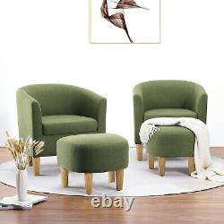 Green Padded Fabric Linen Armchair Single Couch Seat Tub Chair With Foot Stool