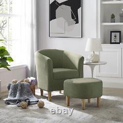 Green Padded Fabric Linen Armchair Single Couch Seat Tub Chair With Foot Stool