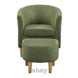 Green Padded Fabric Linen Armchair Single Couch Seat Tub Chair With Foot Stool