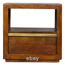 Handmade Bedside Table Dark Mango Wood Brass Gold Bar Drawer Shelf Mid Century