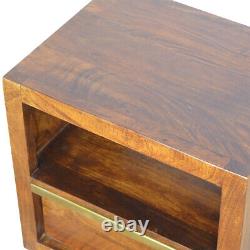 Handmade Bedside Table Dark Mango Wood Brass Gold Bar Drawer Shelf Mid Century