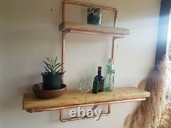 Handmade Rustic Wood, Copper Pipe Wall Unit with 2 Shelves. Wax Finish