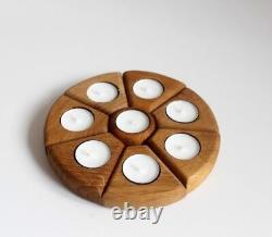 Handmade Solid Oak Wood 8 Parts Tea Light Candles Holder 22 Cm Home Decor