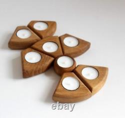 Handmade Solid Oak Wood 8 Parts Tea Light Candles Holder 22 Cm Home Decor