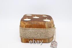 Handmade Solid Oak Wood & Linen Rope Tea Light Candle Holder 17 Cm Home Decor