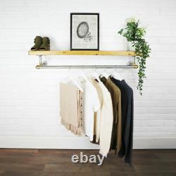Industrial Clothes Rail With Solid Wooden Shelf Silver & Brass Pipe Fittings