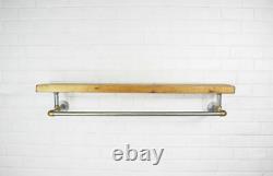Industrial Clothes Rail With Solid Wooden Shelf Silver & Brass Pipe Fittings