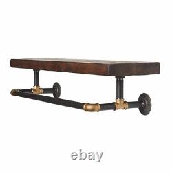 Industrial Clothes Rail and Solid Wooden Shelf Black & Brass Pipe Fittings