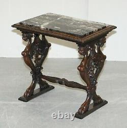Italain Circa 1840 Ornately Hand Carved Oak Side Table With Solid Marble Top