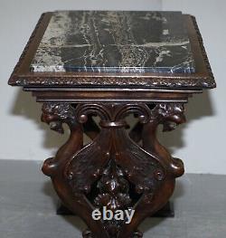 Italain Circa 1840 Ornately Hand Carved Oak Side Table With Solid Marble Top