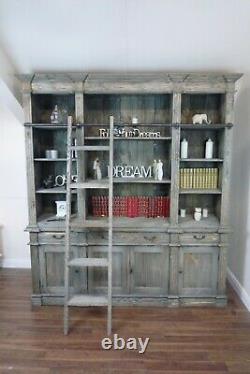 Large Estate Bookcase In Weathered Oak Finish With Ladder! Wood Bookcase