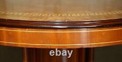 Large Flamed Mahogany 6-8 Person Round Dining Table With Greek Key Design Inlay