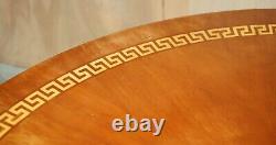 Large Flamed Mahogany 6-8 Person Round Dining Table With Greek Key Design Inlay