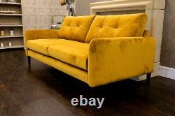 Mimi Aspen Yellow' Plush Fabric Upholstery 3 Seat Sofa + Solid Medium Oak Feet