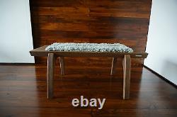 Minimalist Oak wood indoor bench upholstered Gotland sheepskin rug 1