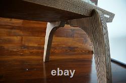 Minimalist Oak wood indoor bench upholstered Gotland sheepskin rug 1