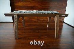 Minimalist Oak wood indoor bench upholstered Gotland sheepskin rug 3