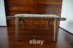 Minimalist Oak wood indoor bench upholstered Gotland sheepskin rug 7