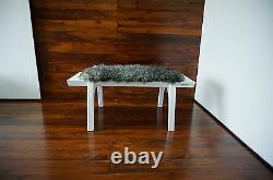 Minimalist white Oak wood indoor bench upholstered Gotland sheepskin 11