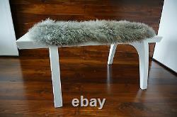 Minimalist white Oak wood indoor bench upholstered Scandinav sheepskin 13