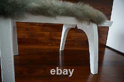 Minimalist white Oak wood indoor bench upholstered Scandinav sheepskin 14