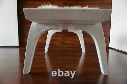 Minimalist white Oak wood indoor bench upholstered Scandinav sheepskin 4