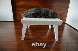 Minimalist white Oak wood indoor bench upholstered Scandinav sheepskin 5