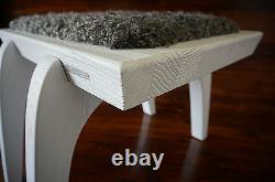Minimalist white Oak wood indoor stool upholstered Gotland sheepskin rug 1
