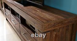 Modern 200cm Wide TV Cabinet Stand Unit 3 Drawers & LEDs Medium Oak Effect Gent