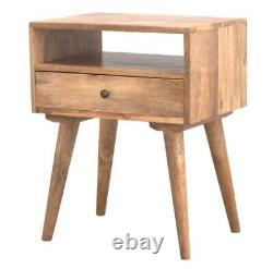 Modern Solid Mango Wood Bedside Table Drawer, Shelf Oak Finish, Nordic Legs