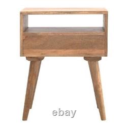 Modern Solid Mango Wood Bedside Table Drawer, Shelf Oak Finish, Nordic Legs