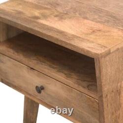 Modern Solid Mango Wood Bedside Table Drawer, Shelf Oak Finish, Nordic Legs