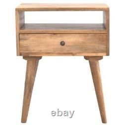 Modern Solid Mango Wood Bedside Table Drawer, Shelf Oak Finish, Nordic Legs