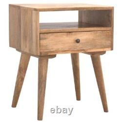 Modern Solid Mango Wood Bedside Table Drawer, Shelf Oak Finish, Nordic Legs