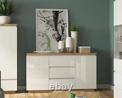 Modern White Gloss Oak Finish Sideboard Glass Display Cabinet Set LED Light Erla