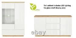 Modern White Gloss Oak Finish Sideboard Glass Display Cabinet Set LED Light Erla