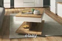 Modern White Gloss Oak finish Coffee Table Shelf Rectangle Living Room Erla