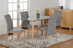 Morton 4 Seat Dining Set in Clear Glass Oak Effect Veneer and Grey Fabric
