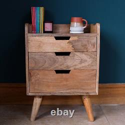 Nordic Bedside Table Modern Scandi Storage Unit Wooden 3 Drawers Cut Out Handles