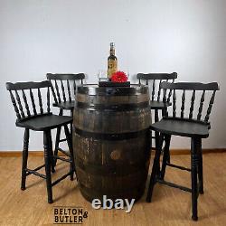 Oak Whisky Barrel Table and Four Stool Bar Set