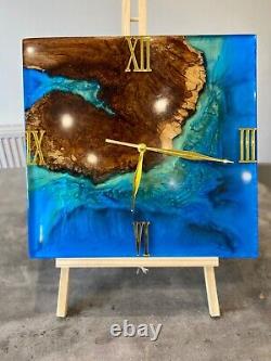 Oak and Resin Blue Ocean Large Wall Clock/Blue River Wall Clock/Live Edge Clock